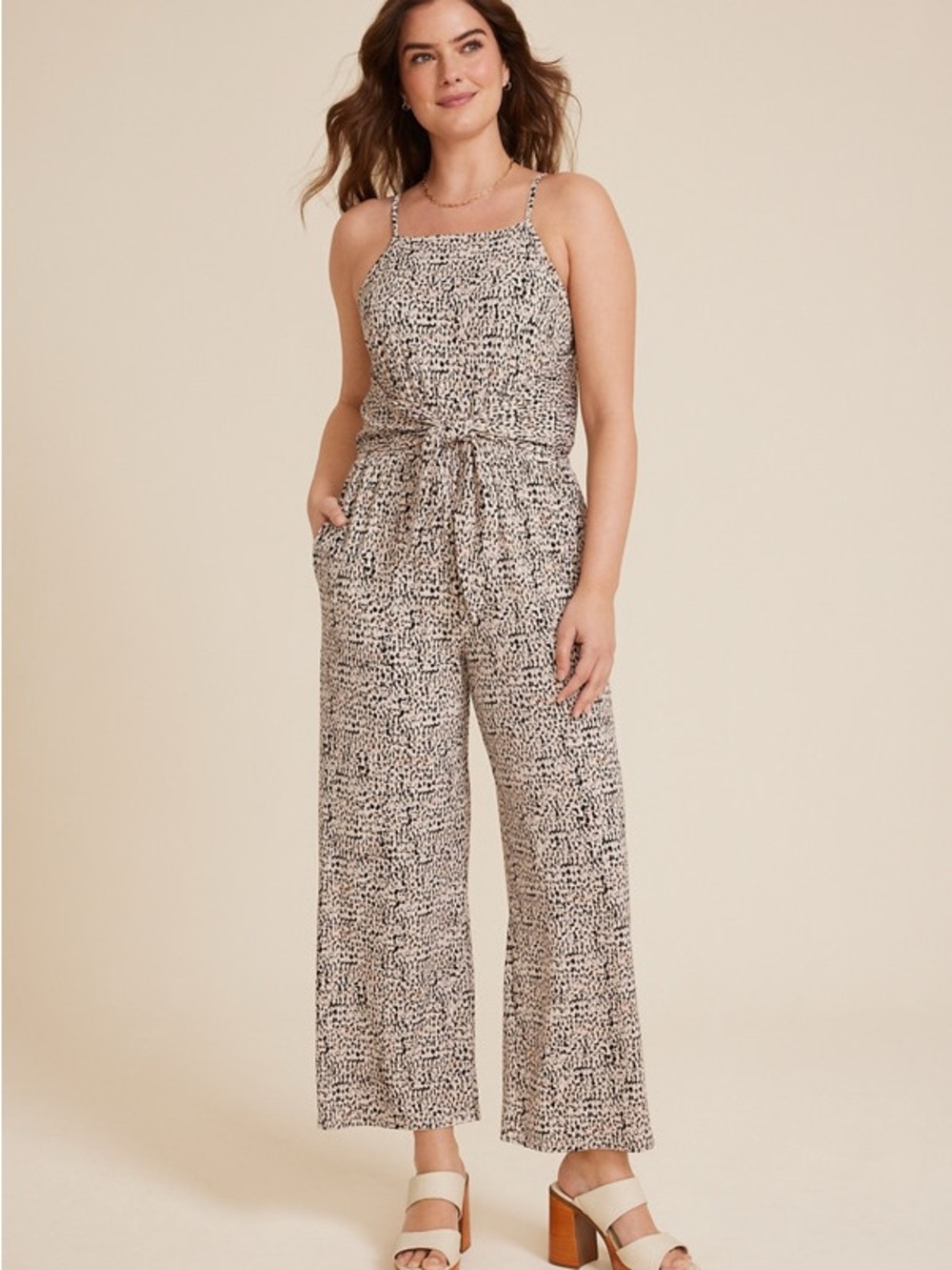 Maurices Cream and Black Print Spaghetti-Strap Wide-Leg Jumpsuit
